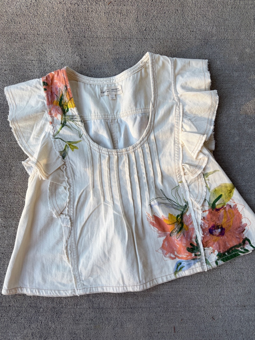 Pilcro Leigh Ver X flutter sleeve blouse white orange pink floral pleat top SM